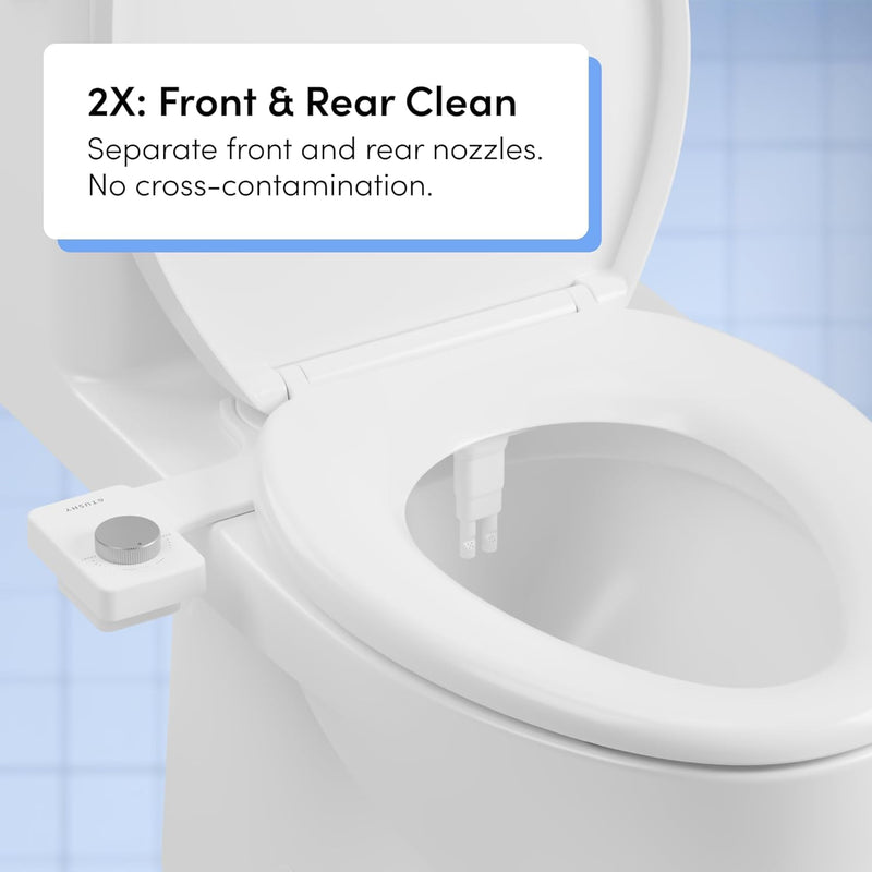 TUSHY NEW Fresh Dual Nozzle Cool Water Bidet: Ultra Slim Toilet Seat Attachment Sprayer with Luxury 2 in 1 Front & Rear, Self-Cleaning, 180º Clean (DIY Install, 10 Minutes), Non-Electric, Bamboo Knob