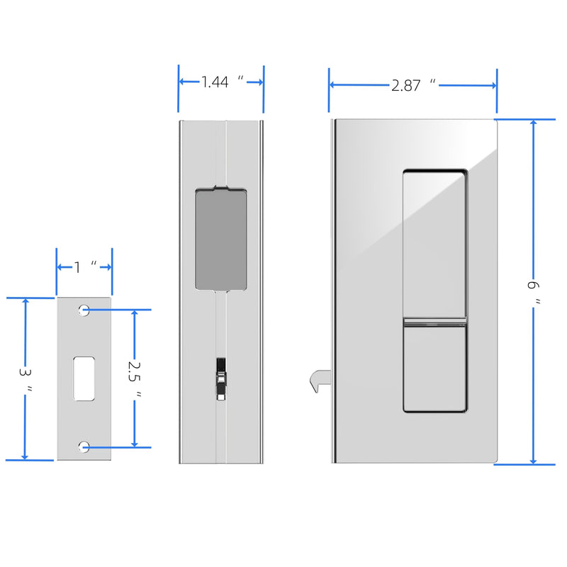 Privacy Pocket Door Pull with Lock, Wooden Sliding Door Handle for 1-3/8”Thickness Door Replace Old Or Damaged Pocket Door Hardware (Polished Chrome) Silver