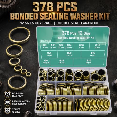 Bonded Sealing Washer Assortment Kit - 378 Pieces, 12 Sizes (M5-M20), Copper Metal with Rubber Seal for Automotive Hydraulic Plumbing, Organized Storage Case