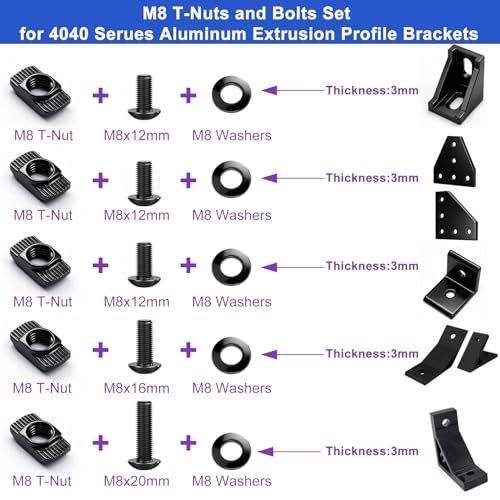 Taiss 80PCS M8 T-Nuts Screws Kit for 4040 4080 Series Aluminum Extrusion Black Carbon Steel M8x12/16/20mm Button Head Socket Cap Head Bolts and Drop in T-Nuts & Washers with Hex Wrench 80pcs 40 Series T-Nuts Screws Kit