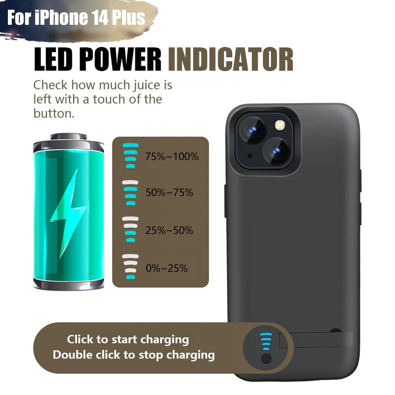 [Upgraded Battery Case for iPhone 14 Plus, 5000mAh Rechargeable Extended Battery Charging/Charger Case, Add 100% Extra Juice (6.7 Inches) Black