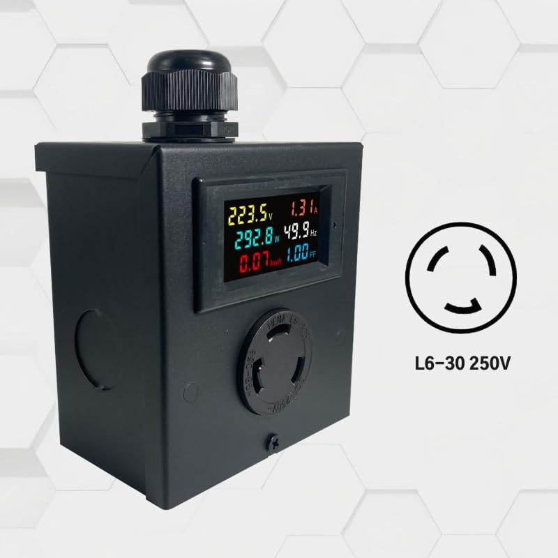 L6-30 Outlet Meter Box Installation Kit Assembly Required for Custom Application w/Box, Recepticle, LCD Meter, Screws, Cable Gland 110-240v Ampmeter, Voltmeter, Monitor Energy Usage