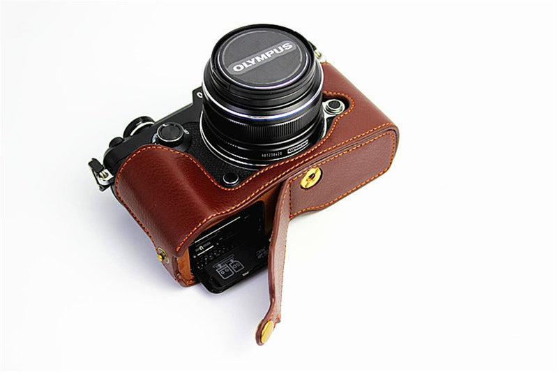 PEN-F Case, BolinUS Handmade Genuine Real Leather Half Camera Case Bag Cover for Olympus PEN-F Bottom Opening Version + Hand Strap - Coffee Natural