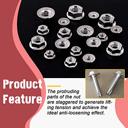 Hilitchi 100Pcs 304 Stainless Steel Serrated Flange SAE Hex Lock Nuts 1/4-20 5/16-18 3/8-16 10-24 8-32 6-32 Bright Finish Hex Flange Nuts Assortment Kit 100Pcs SAE Hex Flange Nuts