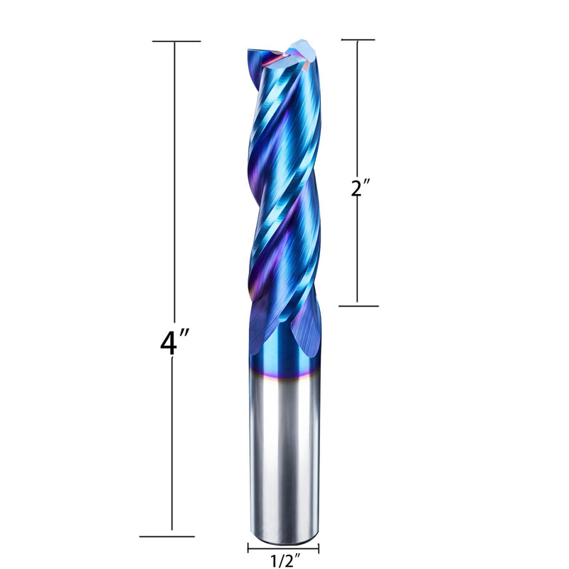 VIC034 CNC Router Bits 3 Fluter Up Cut 1/2 inch Shank 4 inch Total Length with Nano Blue Coating Solid Carbide Square End Mill for Wood Mortises Carving （Up Cut, 1/2S*1/2D*2CL*4OVL