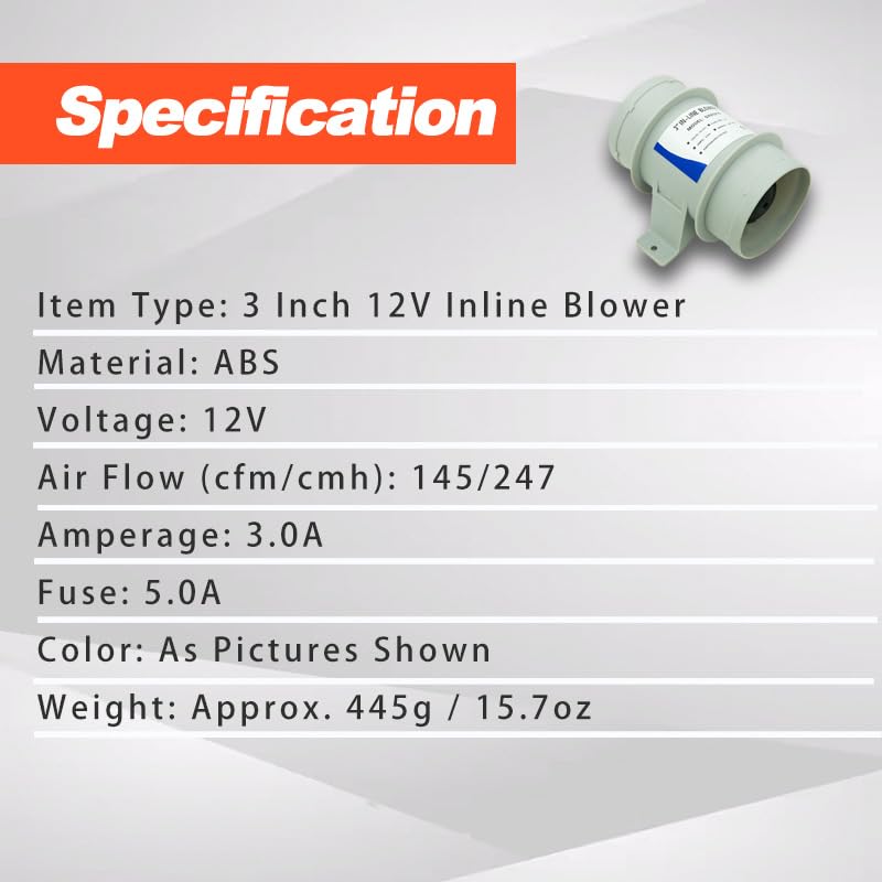 Inline Blower，Bilge Blower 12V 4A Marine Bilge Blower Air Blower Boat Cool Fan Marine Ventilation 3 inch