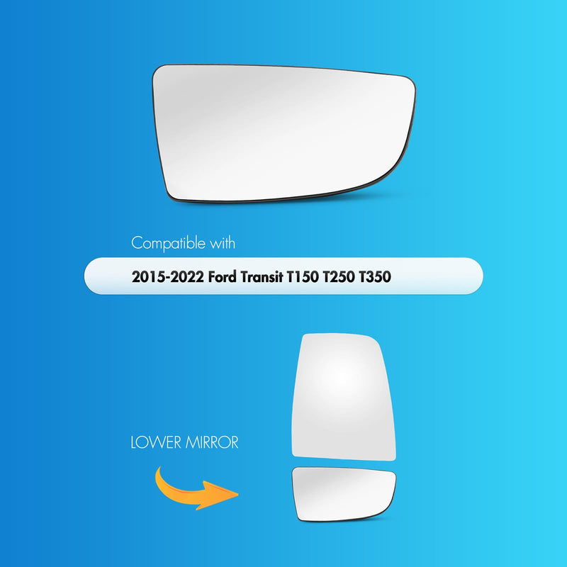 Compatible With 2015-2022 Ford Transit T150 T250 T350 Passenger Side Mirror, Replacement for 2014-2020 Transit MK8 Right Side Mirror Glass, Lower Mirror with Backing Plate