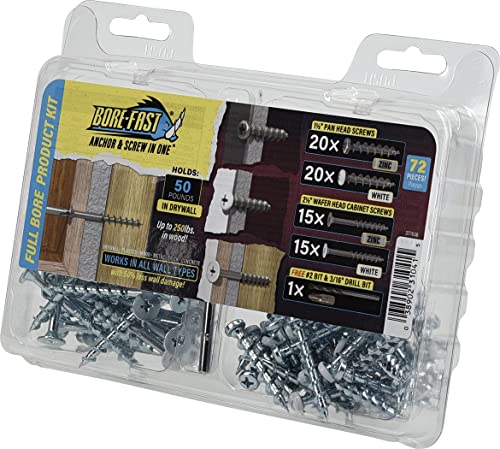 Borefast Drywall Anchors, Self Drilling Wall Anchor Kit, Steel, 50-250 LBS, 72 Pieces, 377638