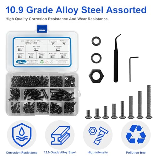 642PCS M3 Button Head Screws（6mm-30mm ） Metric Screw Assortment Kit Metric Bolt Assortment Machine Screws with Lock Flat Washers Grade 10.9 Alloy Steel Hex Socket Head M3 642 Pcs Button Head （6mm-30mm）