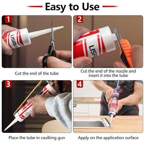 LISRUX Advanced Clear Silicone Caulk for Kitchen & Bathroom,10 fl oz Cartridge,12 Pack,100% Waterproof RTV Silicone Sealant,Stronger Adhesion,Shrink & Crack Proof 12P