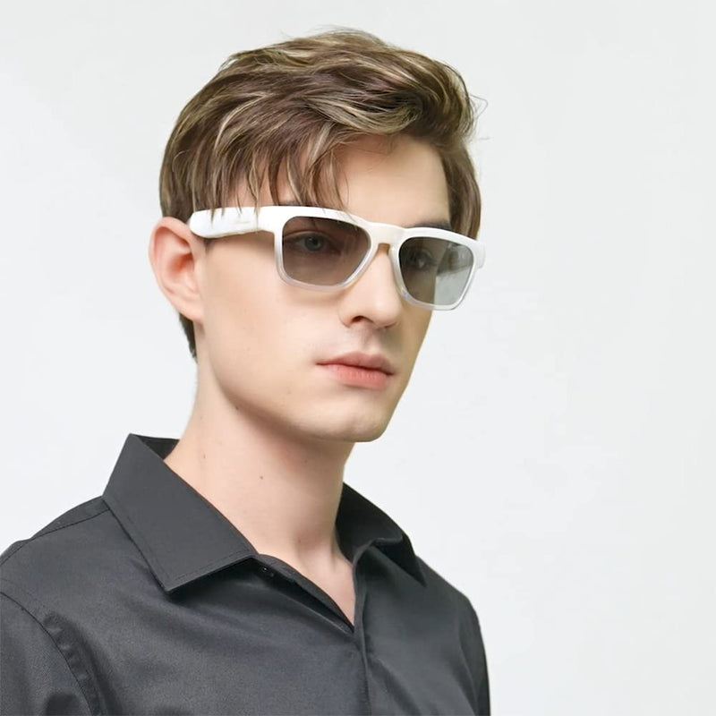 OhO Smart Glasses,Polarized Sunglasses with Bluetooth Speaker,Athletic/Outdoor UV Protection and Voice Control,Unisex(Transitional Lens) Shiny White Frame-transitional Grey Lens