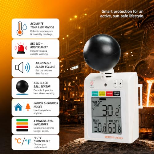 Wearable WBGT Heat Index Meter | Portable 40mm Black Ball Heat Stress Tester Air Globe Temperature Humidity Tester with Dangerous Level Indicator, 4-Level LED/Buzzer Alarm, Tripod Mount & IN/OUT Modes