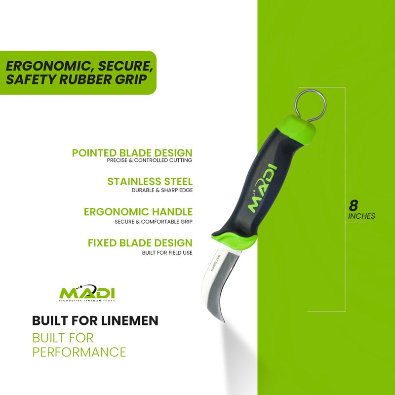 MADI FBSK-1 Fixed Blade Skinning Knife – Pointed Utility Blade for Linemen, Electrical & Utility Work