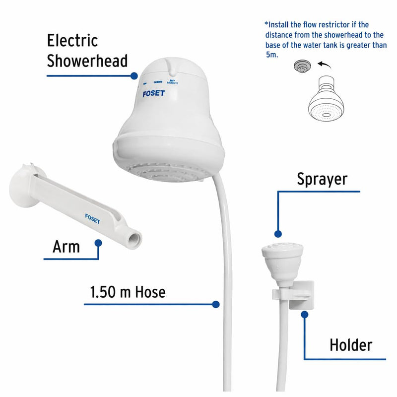 Foset Electric Shower Head - Instant Hot Water, 4 Temperature Settings, Hand Shower Head with 5 ft Hose Included (Model 49491)