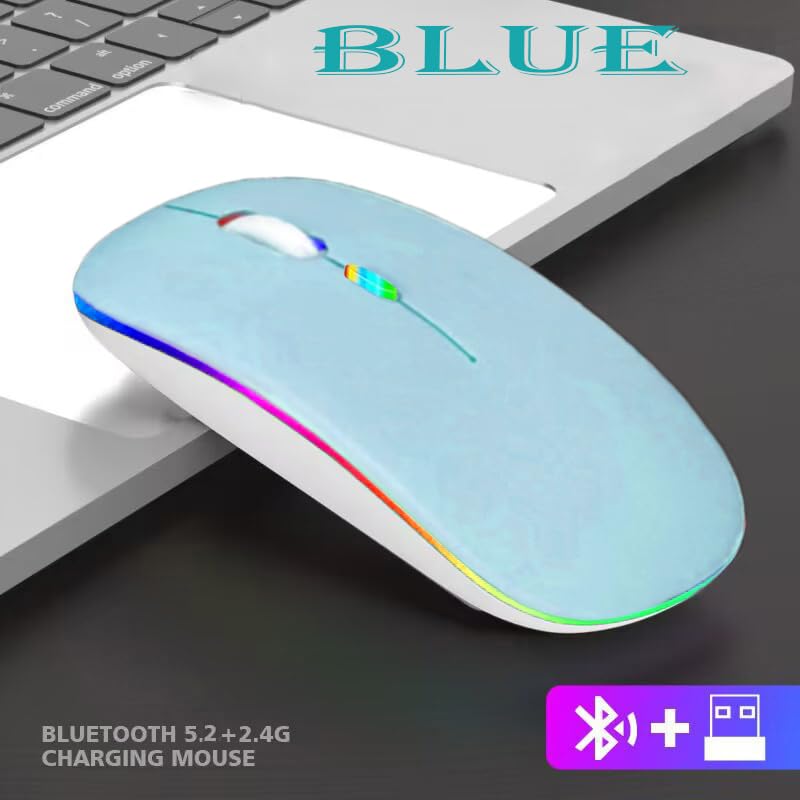 Wireless Bluetooth Mouse,LED Dual Mode Rechargeable Silent Slim Laptop Mouse,Portable(BT5.2+USB Receiver) Dual Mode Computer Mice,for Laptop,Desktop Computer,ipad Tablet,Phone,TV (Blue) blue