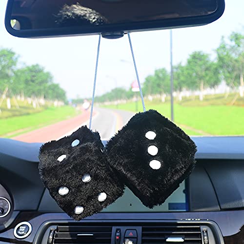 Fuzzy Plush Dice for Car Mirror, Pair of Retro 3” White Dice with Black Dots for Car Interior Hanging Ornament Decoration