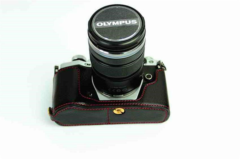 E-M5 Mark II Case, BolinUS Handmade Genuine Real Leather Half Camera Case Bag Cover for Olympus OM-D E-M5 Mark II Bottom Opening Version with a Free Genuine Real Leather Hand Strap - Black