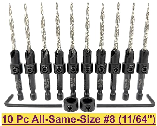 FTG USA 10 Pc #8 (11/64") Countersink Drill Bit Set with Tapered Drill Bits Same Sort 10 Pc