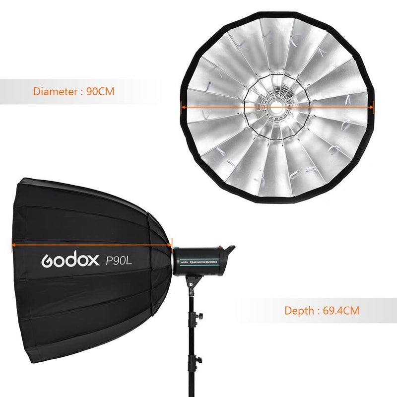 Godox P90L 90cm 35.5 inch Portable Deep Parabolic Softbox Bowens Mount Studio Flash Reflector Photo Studio Softbox for Studio Flash SK400II DP600II DP400II DE300 DE400 and Outdoor Flash AD600 AD600BM