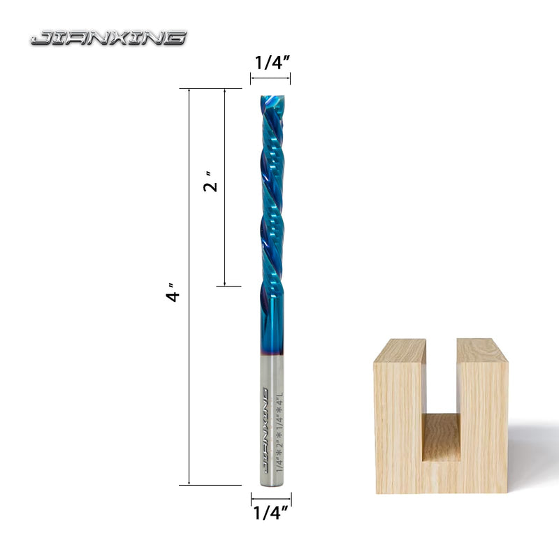 1/4" Cut, 2-Flute Compression Router Bit, 1/4" Shank, 2" Extra Long Cut Length (4" OAL), Blue Nano Coated Solid Carbide Up-Down Spiral for CNC Plywood, MDF 1/4" Extra long (1 pc) Compression Cut