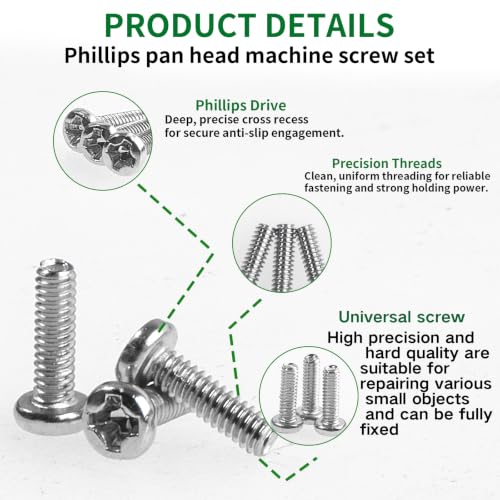 VAPKER 1500Pcs Tiny Screws M1 M1.2 M1.4 M1.6 M2 Round Pan Head Mini Machine Screw Metric Phillips Drive Silver Nickel-Plated Micro Screw for Laptop Eyeglass Watch Repair