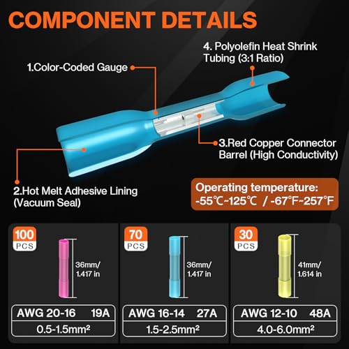 Preciva Wire Crimping Tool for Heat Shrink Connectors Kit, with 200PCS 22-10 AWG Heat Shrink Connectors,Ratcheting Crimper for Electrical, Automotive, Marine & Wiring Repairs 200PCS Heat Shrink Butt Connectors with Crimper