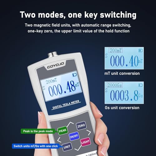 GOYOJO Digital Gauss Meter (2400mT/24000Gs), High Accuracy Magnetic Field Tester for DC Magnet Measurement, Permanent Magnets, Motors, Speakers, and Industrial Applications, ±5% Accuracy White 5% Accuracy
