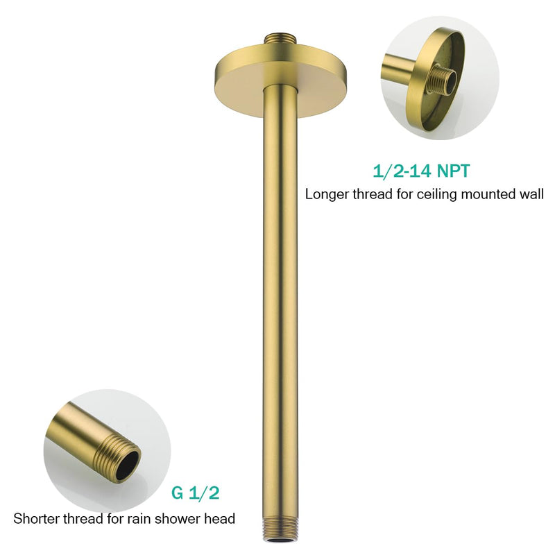 Shower Arm with Flange, 12 Inch Ceiling Mounted Fixed Shower Pipe, Bathroom Straight Rain Shower Replacement Arm, Universal Connection 1/2,Champagne Bronze Finish,SE-RD91038-12CB Round Flange-12″Champagne Bronze