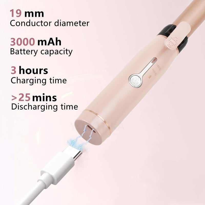  [AUSTRALIA] - Pink Cordless Curling Wand 19mm Ceramic Mini Hair Curler for Travel | polycarbonate exterior fast heat up rechargeable power dual thermal modes female daily styling compact handbag size items