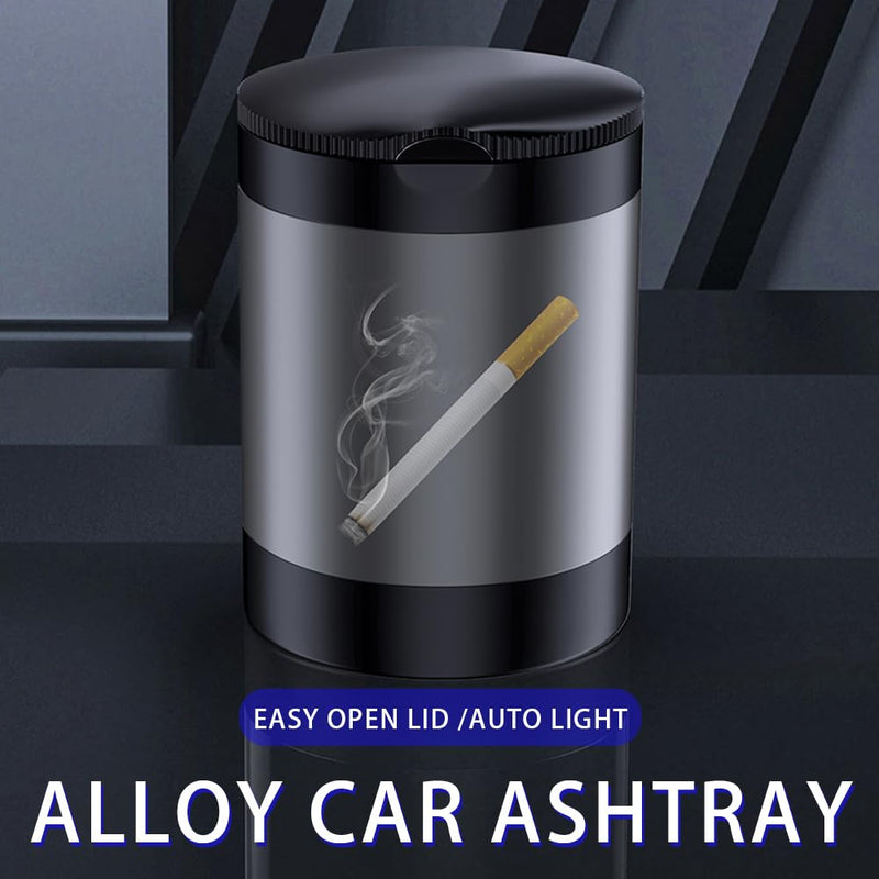 Ashtray with Lid,Smokeless Ashtray for Cup Holder Smell Proof,Detachable Stainless Steel Car Ash Tray with LED Auto Light, for Most Car, Office, Home (Grey)