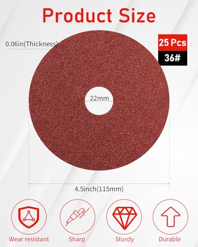 25Pcs 4-1/2" Sanding Discs, 36 Grit Quick Change Grinding Discs, 7/8" Arbor 4.5'' 36#