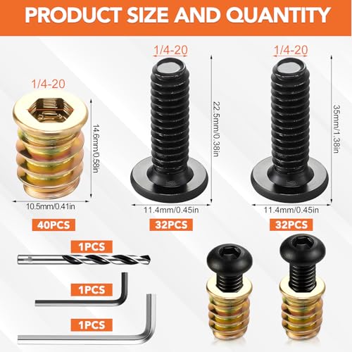 Hapric 120 Pcs 1/4-20 Threaded Inserts for Wood Kit, Wood Furniture Screw 1/4-20 x 3/4"-120pcs