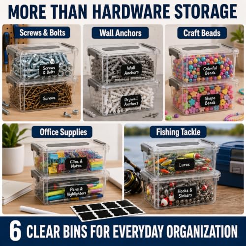 Hardware Organizer, 6-Pack Tool Box with Labels and Marker for Workshop