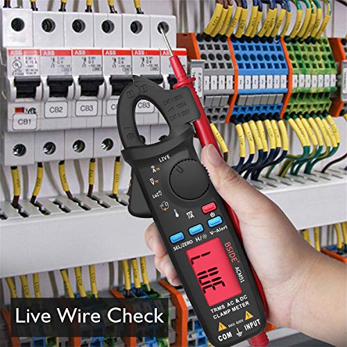 BSIDE DC Clamp Meter 1mA Current True RMS Auto-Ranging 6000 Counts Digital Multimeter Hz Temp Cap Ohm Live Check V-Alert Low Impedance Voltage Tester with Back Clip Black