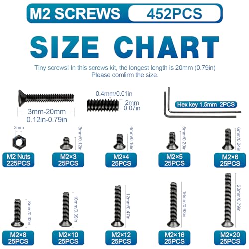 NINDEJIN M2 Screws, Metric M2-0.4 Flat Head Allen Socket Drive Screw, 452 pcs M2 Tiny Nuts Assortment Kit for 3D Printing Projects, RC Airplanes and Other Small Projects (9 Screw Lengths) 452Pcs M2 3mm-20mm