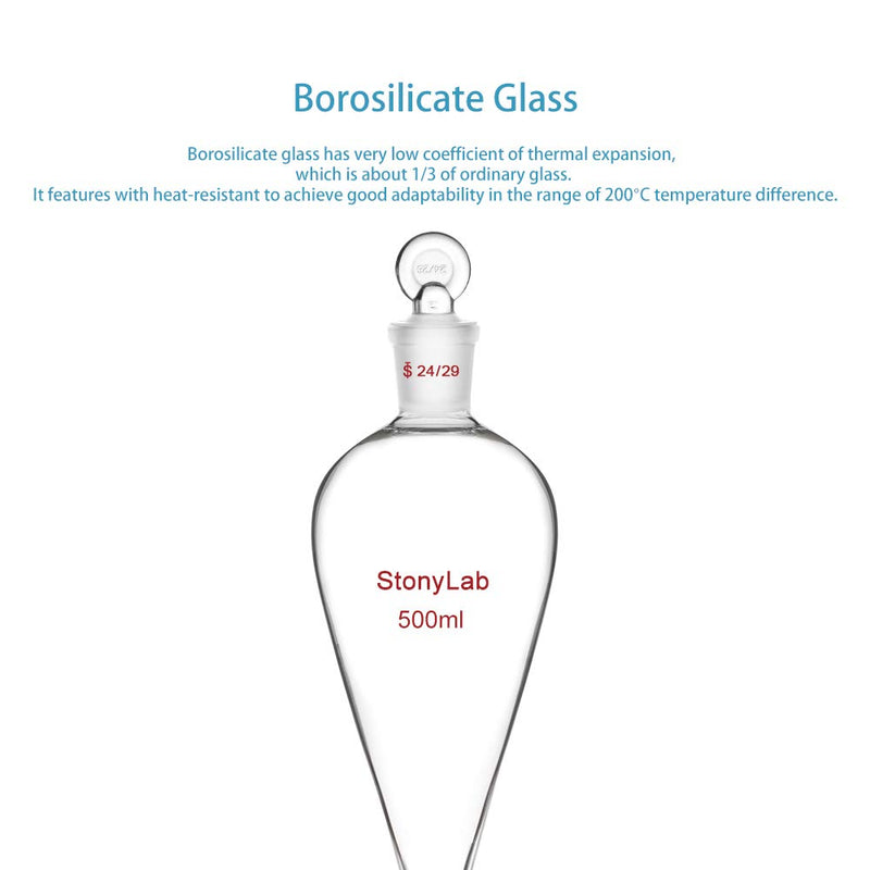 stonylab PTFE Stopcock Separatory Funnel 500 ml, Borosilicate Glass Heavy Wall Conical Pear-Shaped Funnel with 24/29 Joint