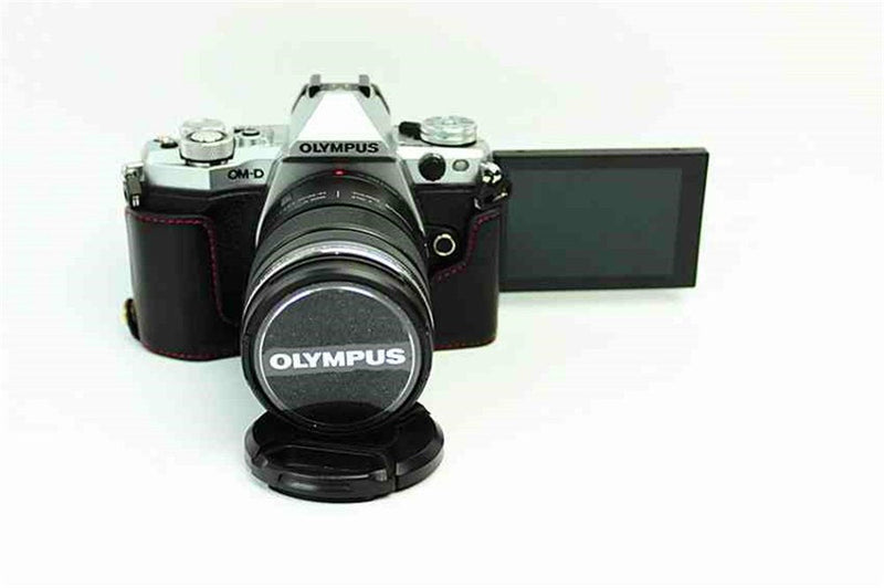 E-M5 Mark II Case, BolinUS Handmade Genuine Real Leather Half Camera Case Bag Cover for Olympus OM-D E-M5 Mark II Bottom Opening Version with a Free Genuine Real Leather Hand Strap - Black