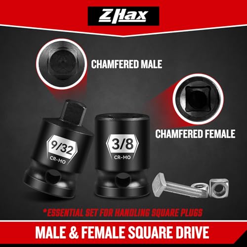 Zhax 12PCS 3/8-Inch Drive Pipe Plug Socket Set, Impact SAE (3/16-3/8inch), Chamfered 4 Point Female Square Sockets,Tapered Male Square Head Drive, Cr-Mo Steel