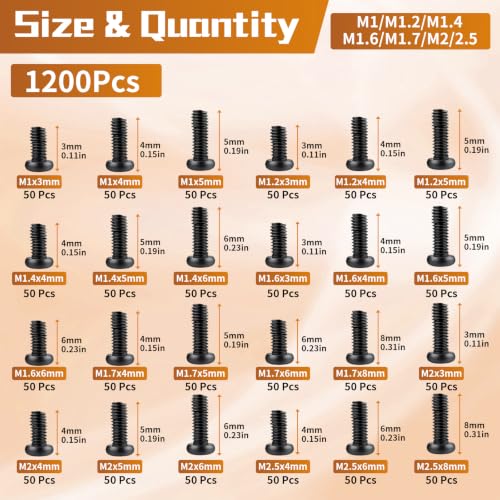 VAPKER 1200Pcs Round Pan Head Mini Machine Screws M1 M1.2 M1.4 M1.6 M1.7 M2 M2.5 Metric Phillips Drive Black Oxide Carbon Steel Micro Screw for Laptop Eyeglass Watch Repair