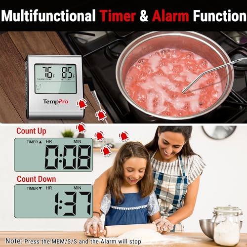 TempPro TempTrack Large LCD Digital Meat Thermometer for Cooking, Smoking Light Silver