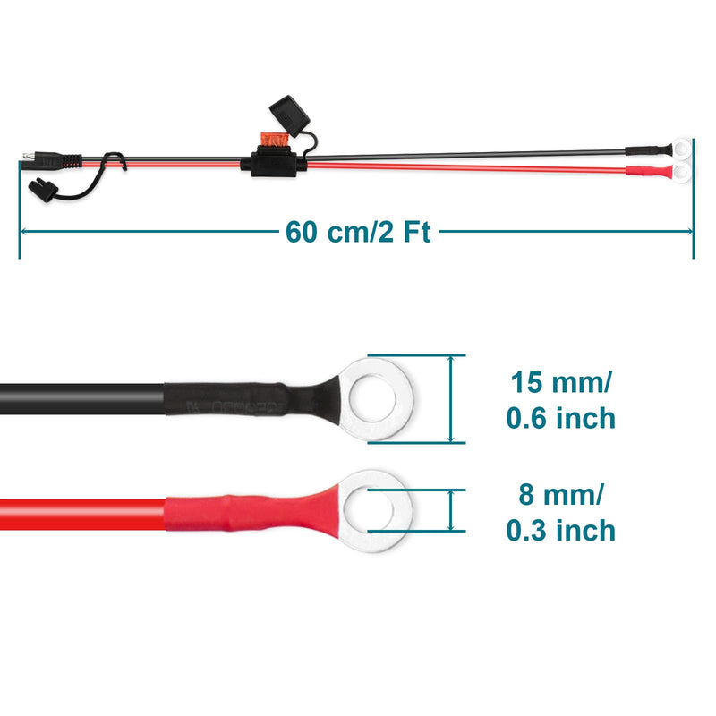 SAE Extension Cable, 2FT 10AWG SAE Battery Connector, Ring Terminal Harness Accessory Cable 10AWG-1PCS
