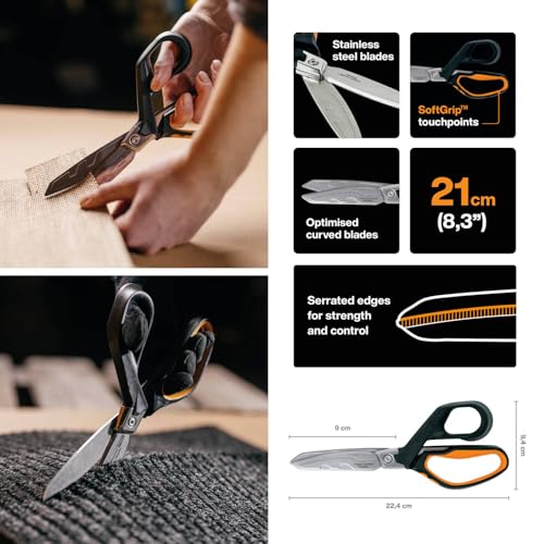 Fiskars PowerArc Heavy-Duty Scissors, Up to 30% More Power, Length 21cm, Durable Stainless Steel Blade/Plastic Handles, Black/Orange, 1027204 Single