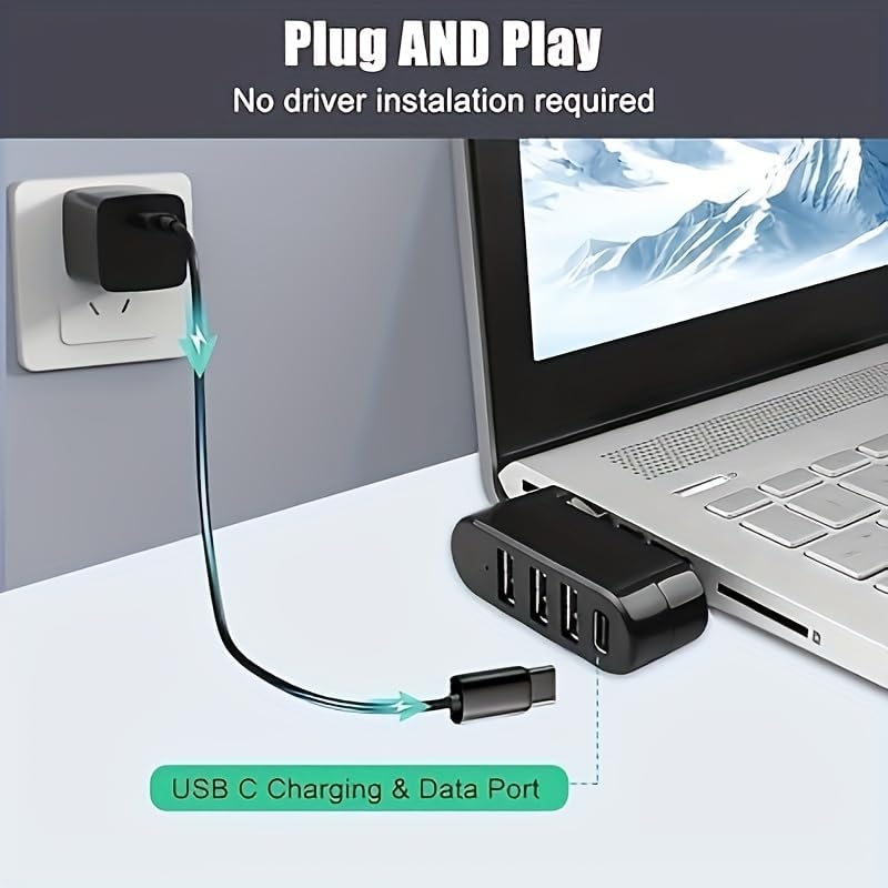 4-Port USB 3.0 Hub [90°/180° Degree Rotatable] | USB Splitter with PD-in 5W USB C Port, USB Extender for Laptop, Car, iMac, MacBook Air, MacBook Pro, and More