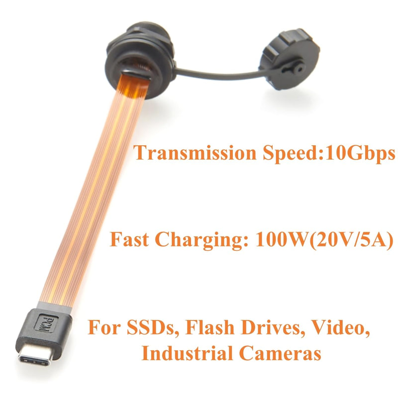 IP67 USB 3.1 Type-C Male to Female Extension Cable 10Gbps Flush Panel Mount USB 3.1 Gen2 C FPC Ribbon Flat Slim Cable 100W for Data Transfer Charging, Cabinet, Embedded PC, Automation(0.2m)