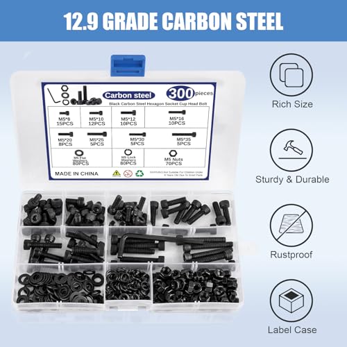 300PCS 8 Sizes M5 Screw Kit, M5 Bolts, Black Zinc Carbon Steel
