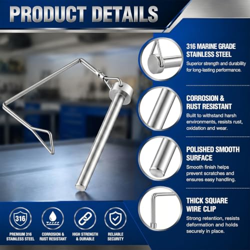 Hicarer 3/16" X 2"（4.8mm X 50mm） 6 Pack Safety Coupler Pins, Trailers Hitch Pin, 316 Stainless Steel Trailer Coupler Pin Heavy Duty Trailer Latch Pins with Wire Retainer for Boat Farm Equipment 3/16" X 2"（4.8mm X 50mm）