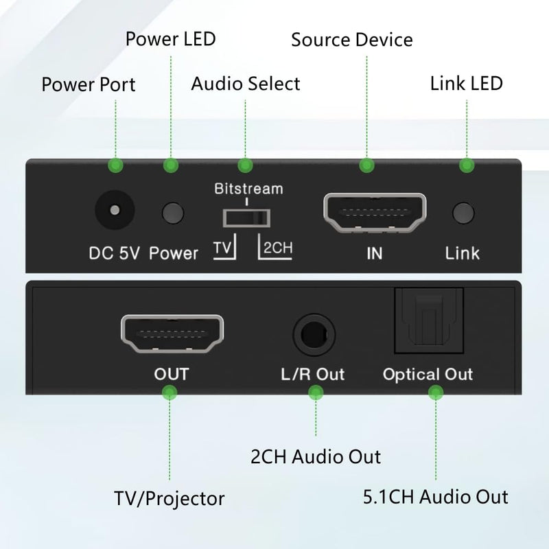 HDMI 2.0 Audio Extractor 4K60Hz HDMI to Optical + 3.5mm Analog Audio Splitter Support Dolby Vision, Dolby Atmos, HDR10, HDCP 2.2, CEC 4K60Hz w/o ARC