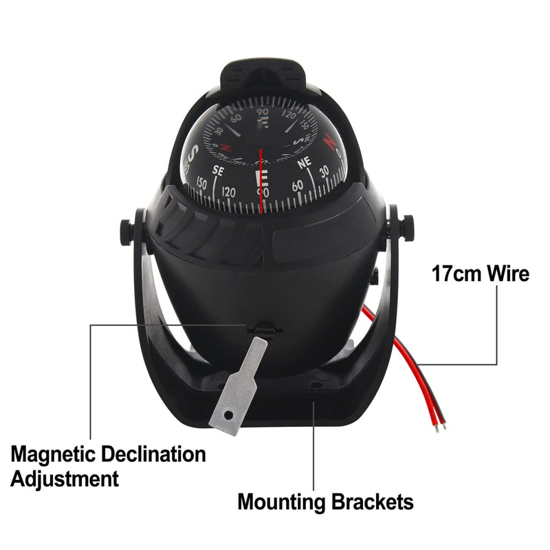 Marine Compass for Boat LED Light Navigation Pivoting Electronic Automotive High Precision Compass for Sailing Boat Car Truck Black