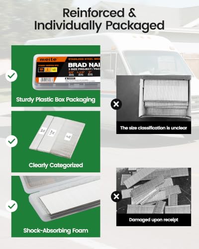 meite 18 Gauge Stainless Steel Brad Nails, Assortment Kit 3 Sizes (3/4", 1-1/4", 2-Inch) Finish Nails for Pneumatic, Electric 18GA Brad Nail Gun Nailer, Multi-Project Pack 1,200-Count Assorted 3 Sizes (1200 PCS) 1 Box