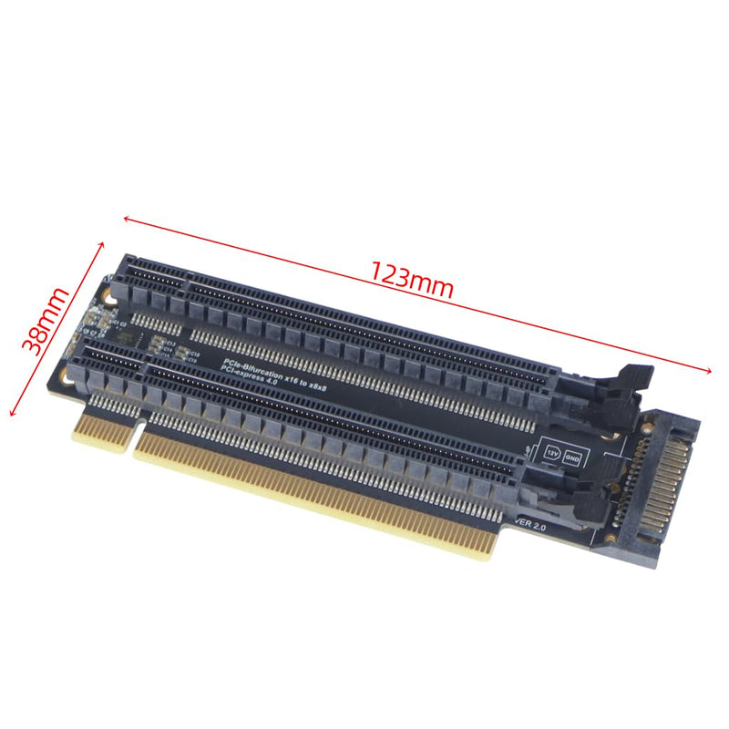JMT PCI-E 4.0 x16 1 to 2 Expansion Card Gen4 Split Card PCIe-Bifurcation x16 to x8x8 with 20mm Spaced Slots CPU4P Power Supply Port (SATA) SATA PCI-E 4.0